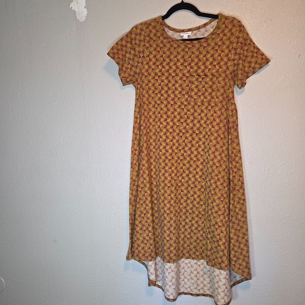 LuLaRoe Carly T-Shirt Dress Mustard Yellow Red Geometric Pinwheel Print Small